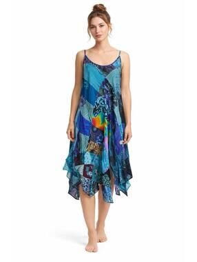 NWT Kathmandu Imports Patchwork Boho Dress Rayon Blue Handmade Swing One Size